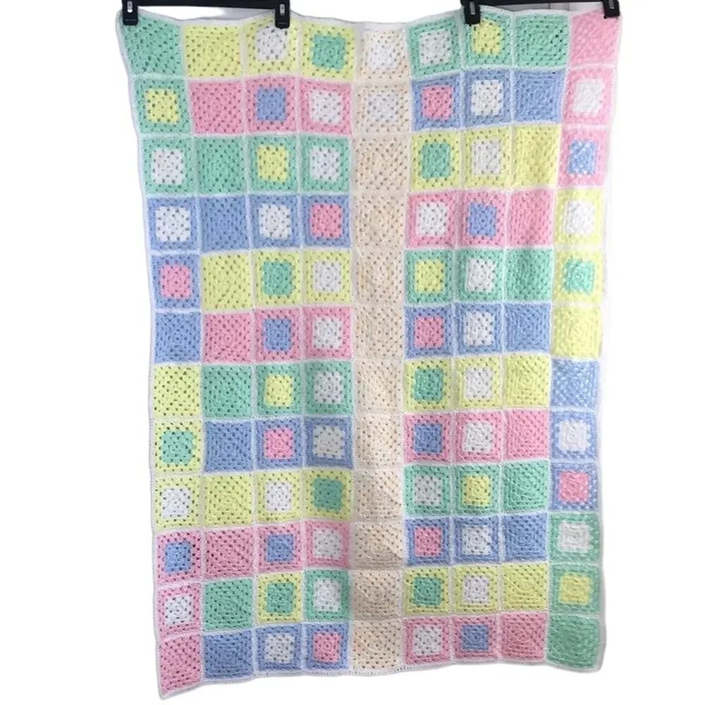 Handmade Pastel Granny Square Crochet Afghan Baby Lap Blanket Acrylic 35’’x50’’